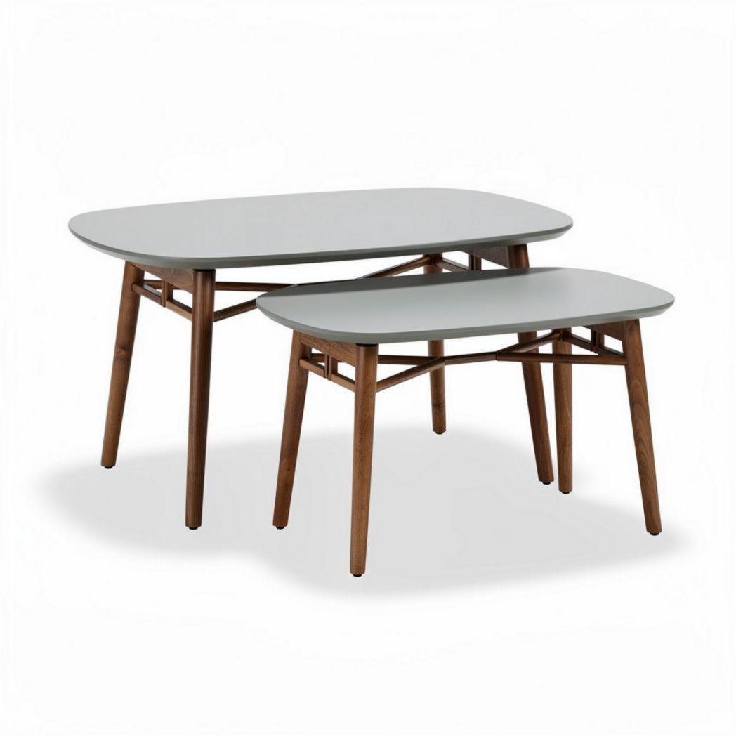 Nest of two nesting tables with gray tabletops and wooden legs 120 x 60 x 75cm