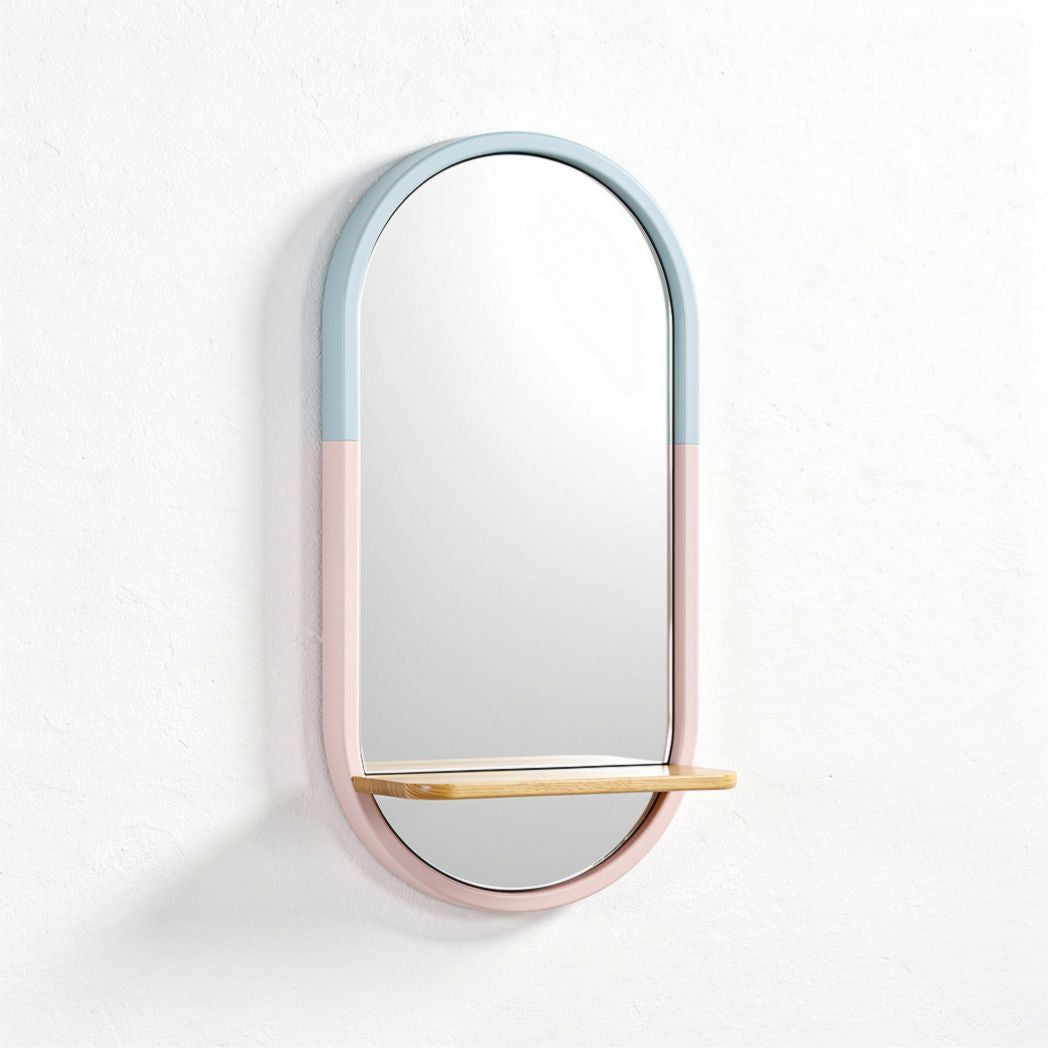 Color block oval mirror with wooden shelf 70 x 40 x 5cm for wall decor