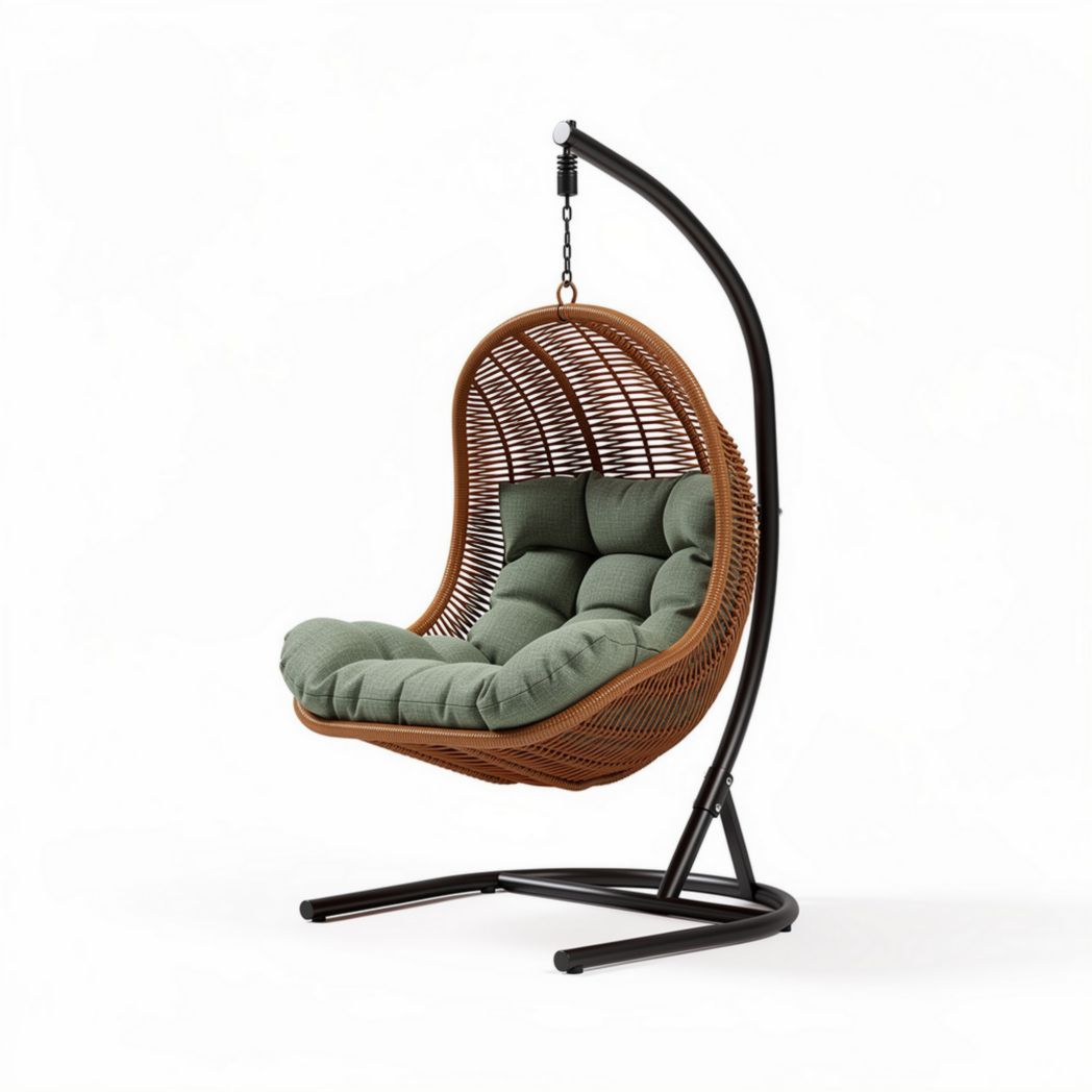 Hanging egg chair with cushioned seating and steel frame in brown and green