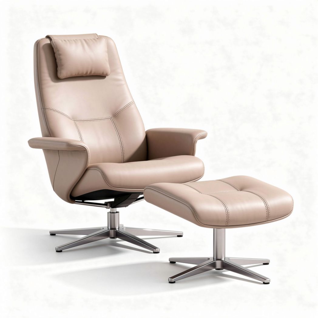 Leather reclining chair with matching ottoman in beige color 90 x 80 x 100cm