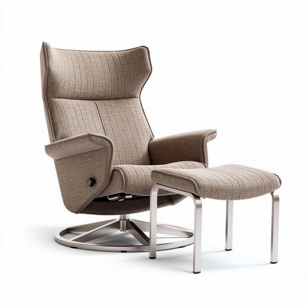 Reclining armchair with ottoman in light brown fabric and metal base