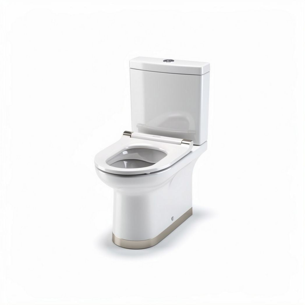 Two-piece elongated toilet with dual flush system and white ceramic finish