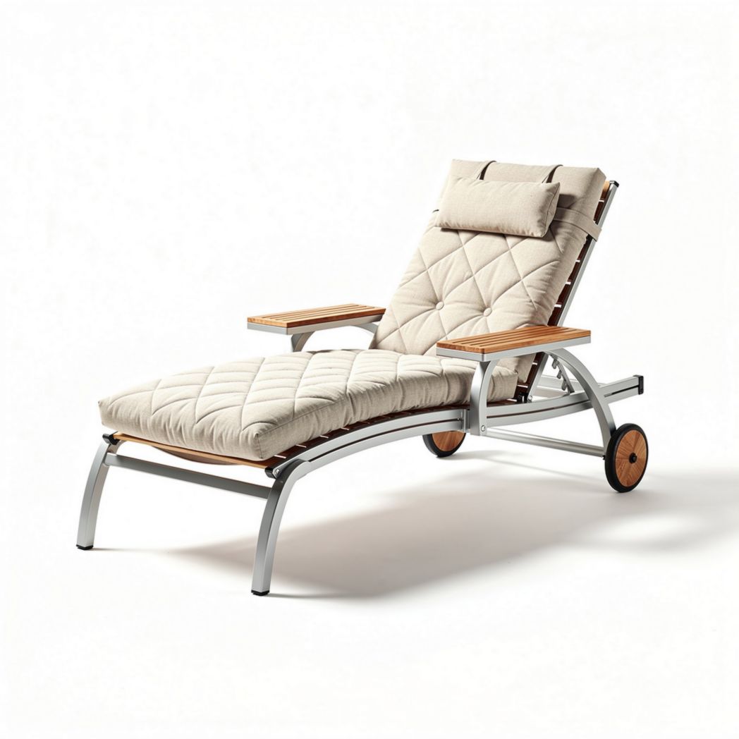 Outdoor lounge chair with aluminum frame and beige fabric cushioning 180 x 65 x 80cm