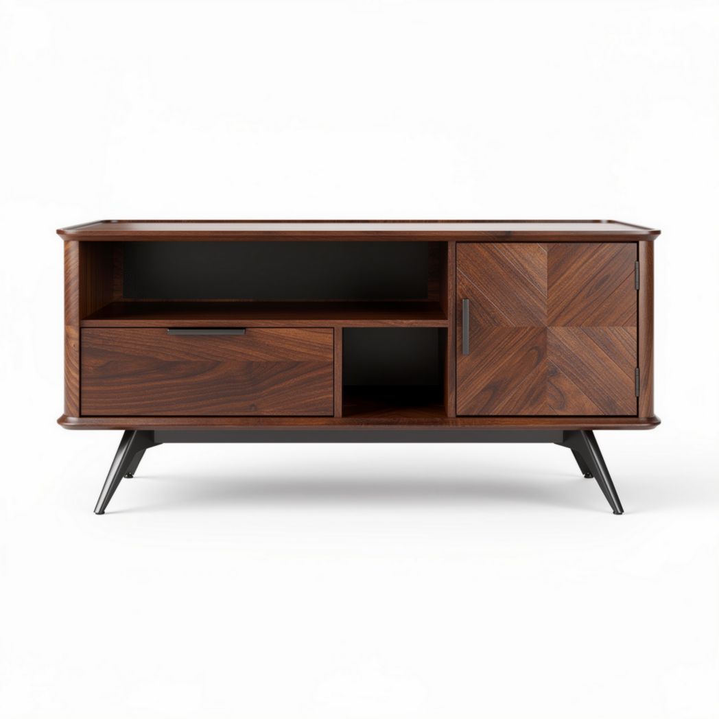 Walnut finish media console with storage drawers and open shelves 120 x 40 x 50cm
