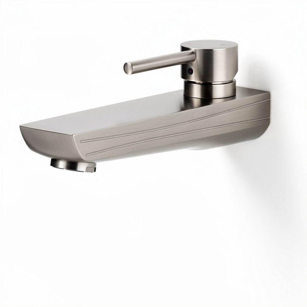 Wall-mounted bathroom faucet in brushed nickel finish with 20 x 10 x 5cm dimensions