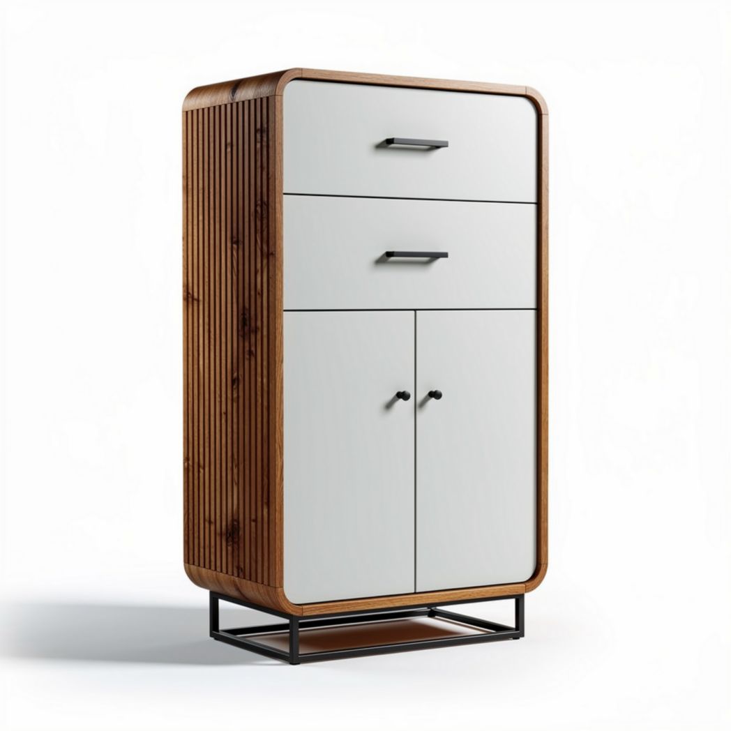 Wood and metal storage cabinet with two drawers and double doors 80 x 40 x 120cm